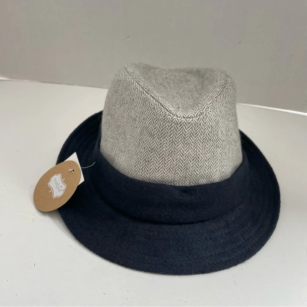 Mudpie Hat Fedora Herringbone Band Ribbed Brim Two Toned Grey Navy Blue